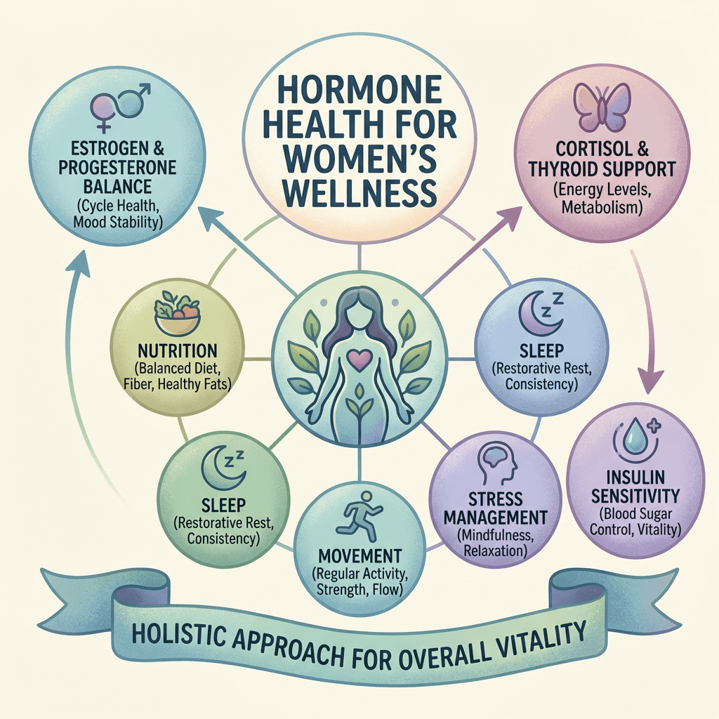 HORMONE HEALTH FOR WOMEN'S WELLNESS infographic listing pillars: Estrogen & Progesterone Balance, Cortisol & Thyroid Support, Sleep, Insulin Sensitivity, Stress Management, Movement, Sleep, and Nutrition. Banner: Holistic Approach for Overall Vitality.