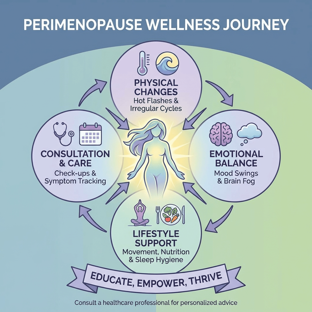 Perimenopause Wellness Journey infographic showing four pillars: Physical Changes (Hot Flashes & Irregular Cycles), Emotional Balance (Mood Swings & Brain Fog), Lifestyle Support (Movement, Nutrition & Sleep Hygiene), and Consultation & Care (Check-ups & Symptom Tracking). Banner: Educate, Empower, Thrive.