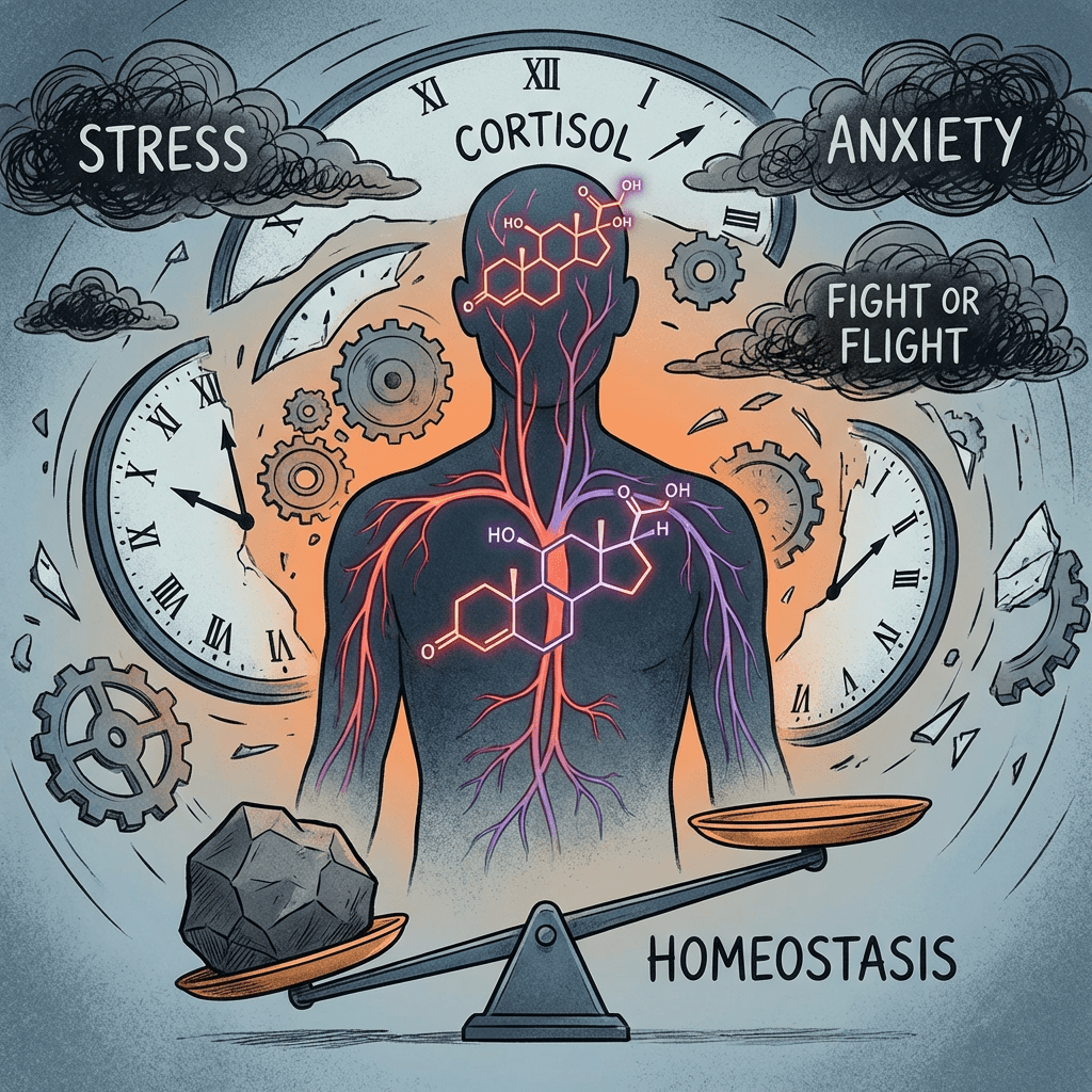 Illustration showing human silhouette with text: STRESS, CORTISOL, ANXIETY, FIGHT OR FLIGHT, and HOMEOSTASIS.