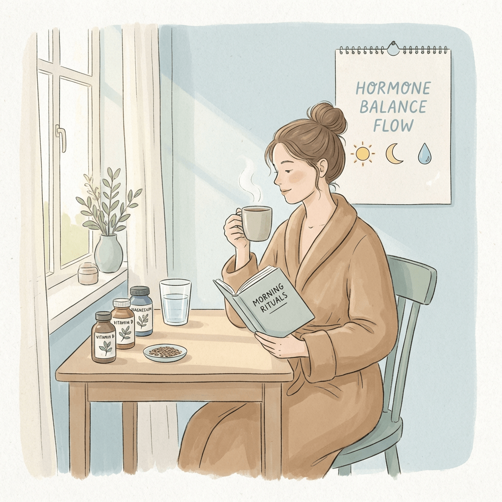Woman reading 'Morning Rituals' with supplements near a 'Hormone Balance Flow' poster.