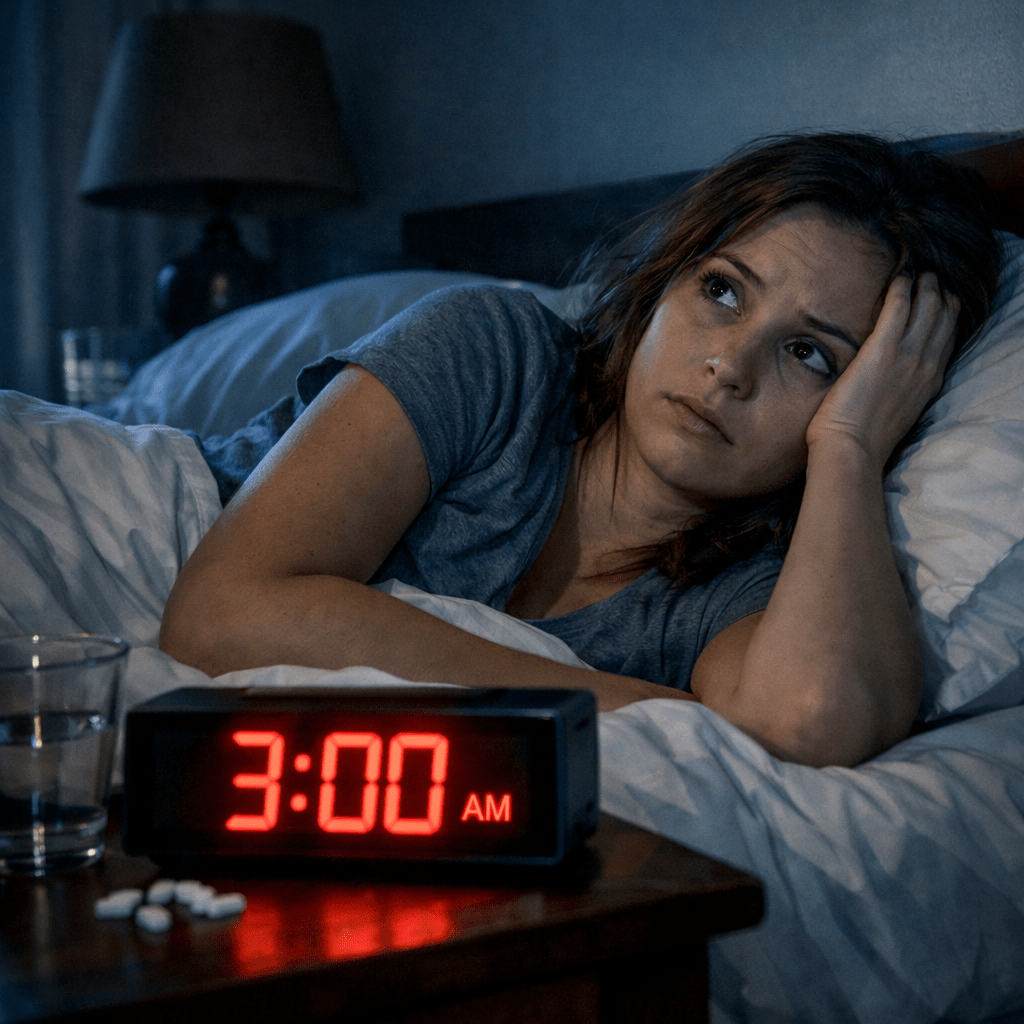 Woman awake in bed looking worried at 3 AM clock