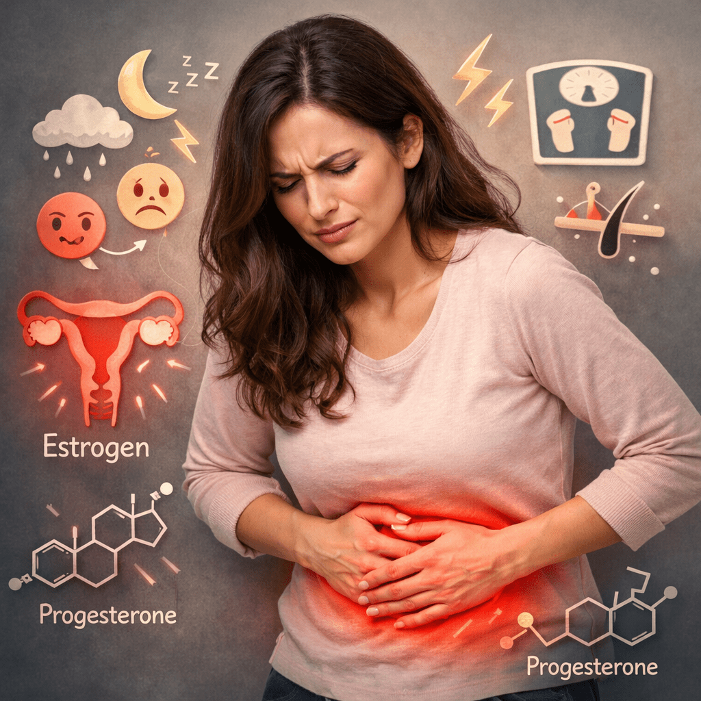 Woman holding abdomen with red glow indicating pain surrounded by hormonal and emotional symbols