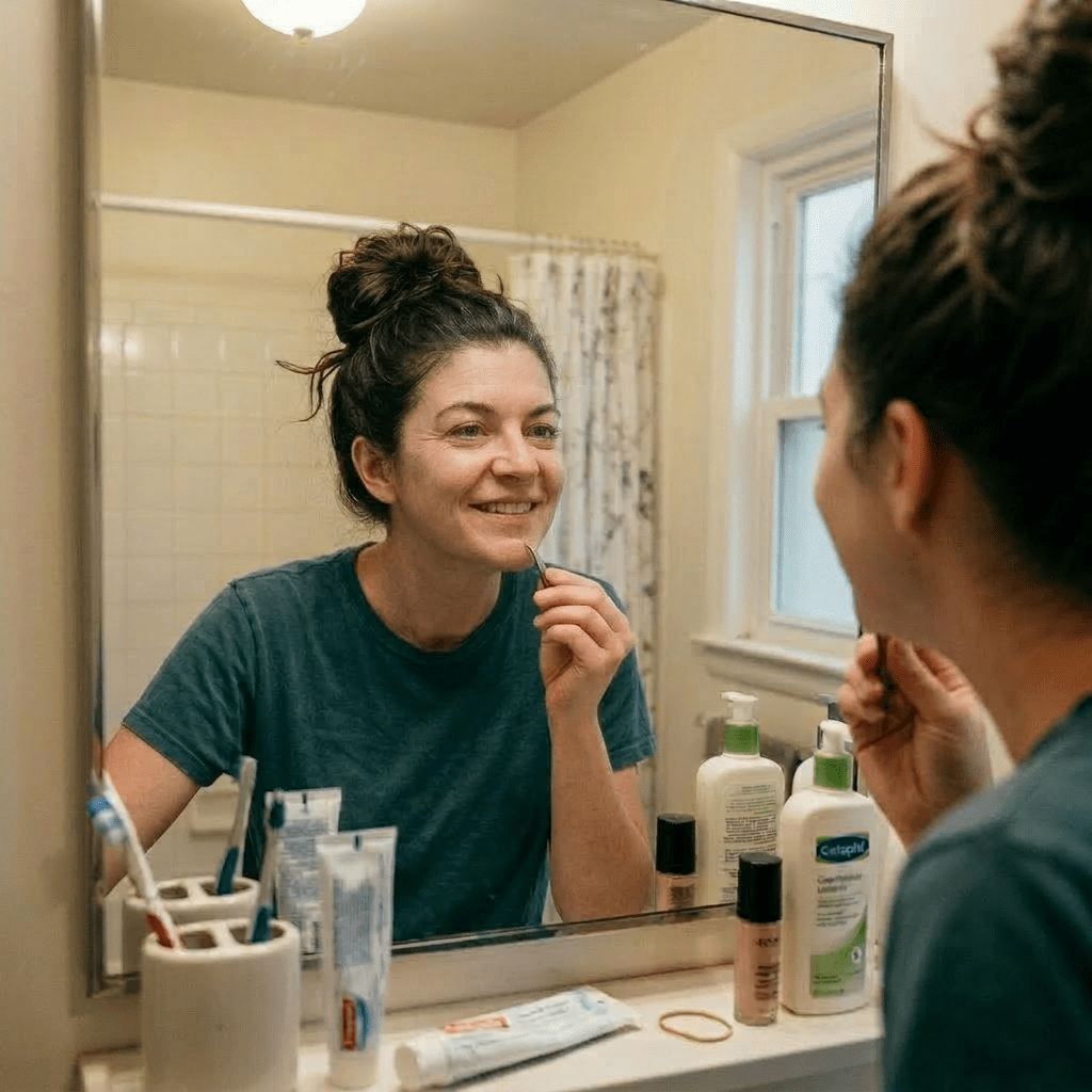 Middle-aged woman smiling at her reflection in a bathroom mirror