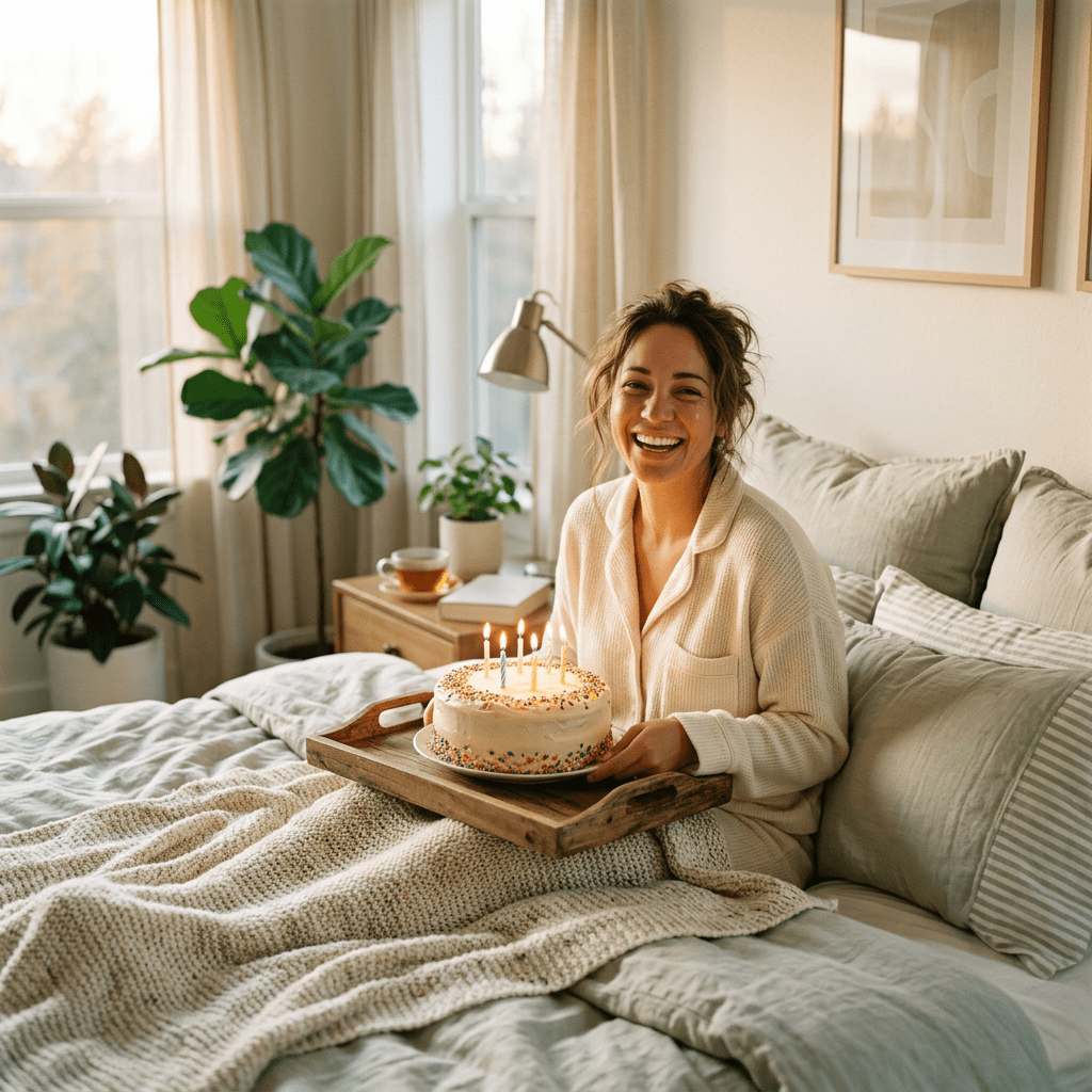 Smiling woman in pajamas holding a birthday cake with lit candles on a wooden tray sitting on a bed with blankets